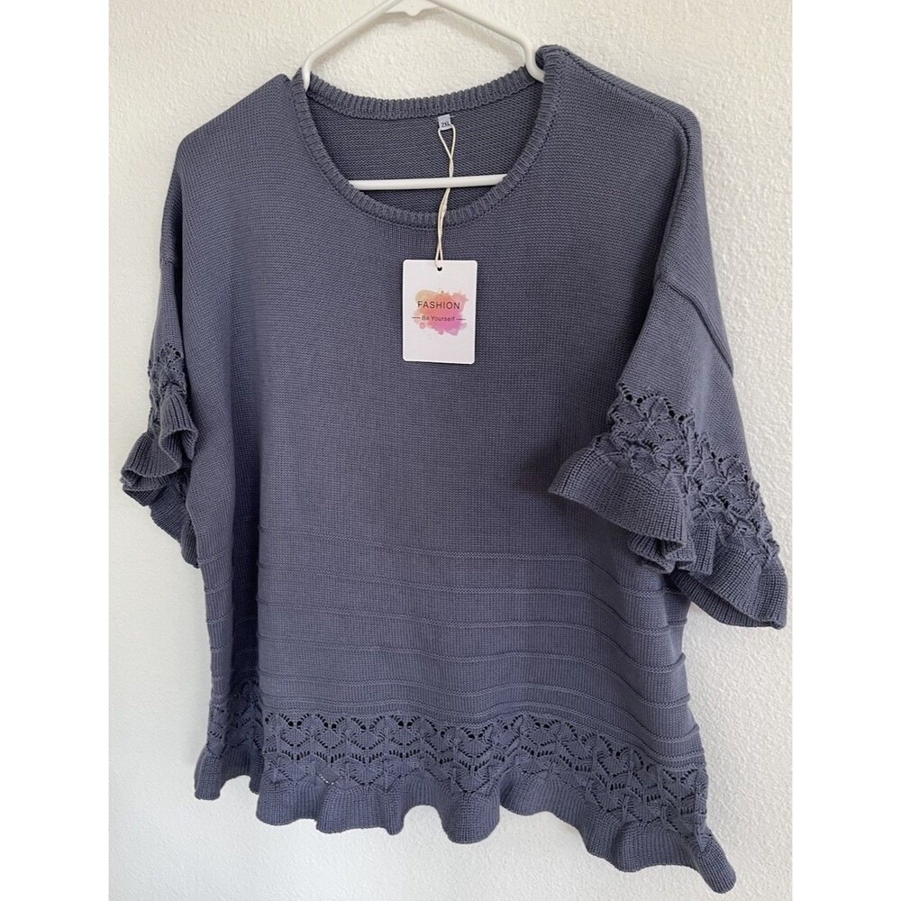 NWT Boho Crochet Ruffle Short Sleeve Knit Pullover Top So XXL Gray Cottagecore